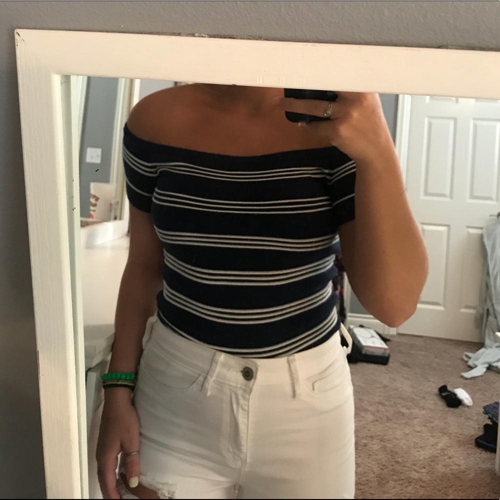 Blue&white stripe sweater off the shoulder top